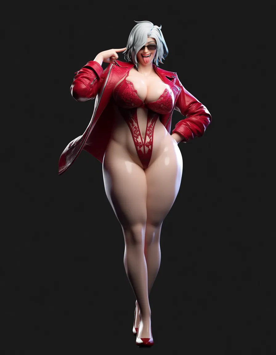 (huge_breasts:1.5), strong_female, extremely slim waist, (wide_hips:1.8), huge (huge_ass:1.6), thick_thighs:2.3, plump lips, cleavage, smile, white teeth, fang teeth, split tongue, tongue_out, hourglass figure, lingerie, score_9, score_8, 3d render, octane render, subsurface scattering, ray tracing, smooth shading