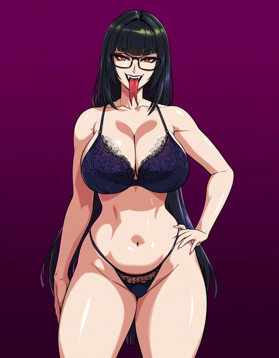 (huge_breasts:1.5), strong_female, extremely slim waist, (wide_hips:1.8), huge (huge_ass:1.6), thick_thighs:2.3, plump lips, cleavage, smile, white teeth, fang teeth, forked tongue, tongue_out, hourglass figure, lingerie, hentai_studio_quality