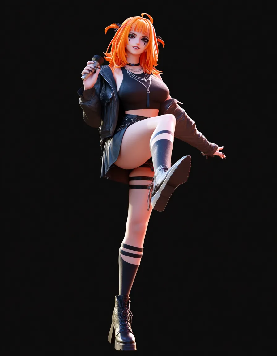 Small Orange hair goth giving foot job to big dick while wearing high socks, score_9, score_8, 3d render, octane render, subsurface scattering, ray tracing, smooth shading