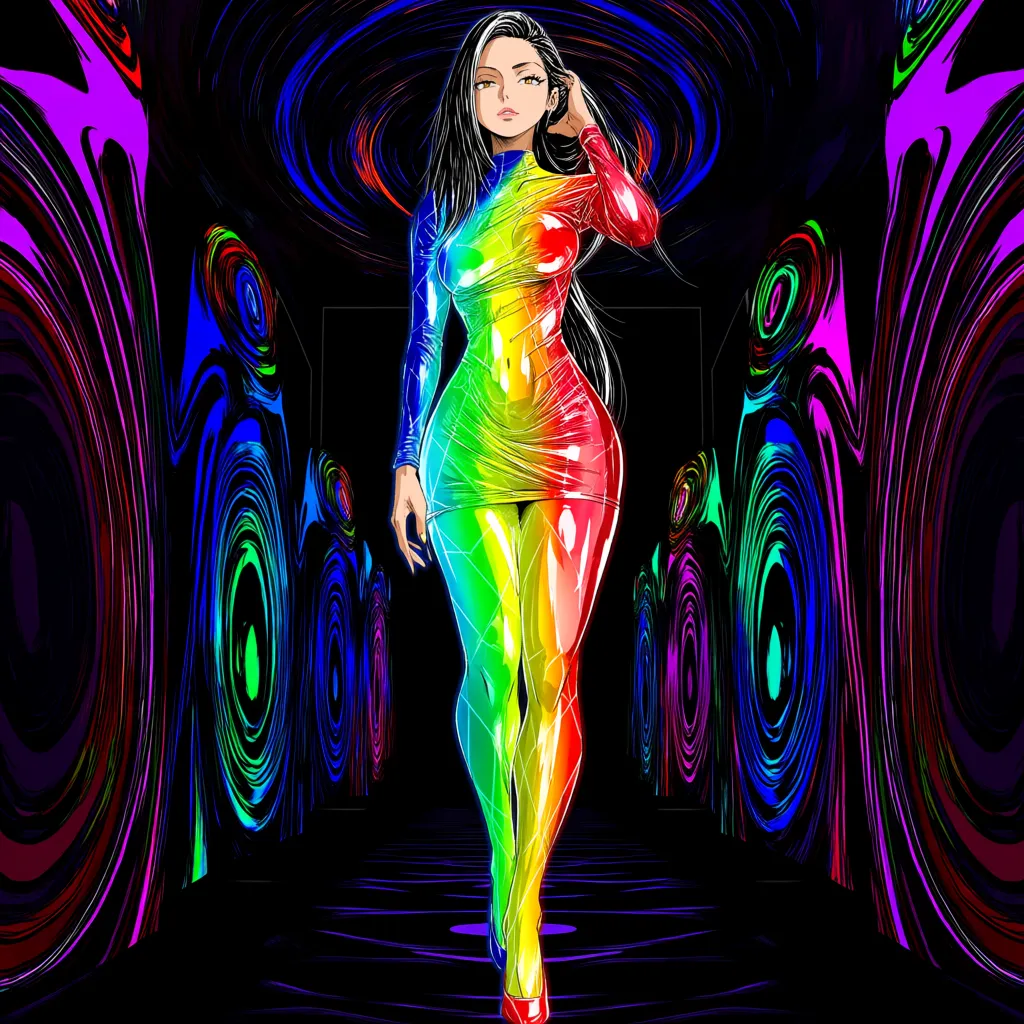 Full-body seductive pose of a woman walking through a surreal psychedelic corridor of infinite mirrors and swirling color vortices, figure emphasized by a tight-fitting dress of liquid chrome and rainbow energy, one hand brushing hair back, confident hip-cocked stance, skin with subtle glowing geometric tattoos, cinematic lighting with strong color contrast, highly detailed textures, sensual yet stylish and Instagram-safe, (anime style:1.3), 2d, anime screencap, cel shading, flat color, @00osamio00
