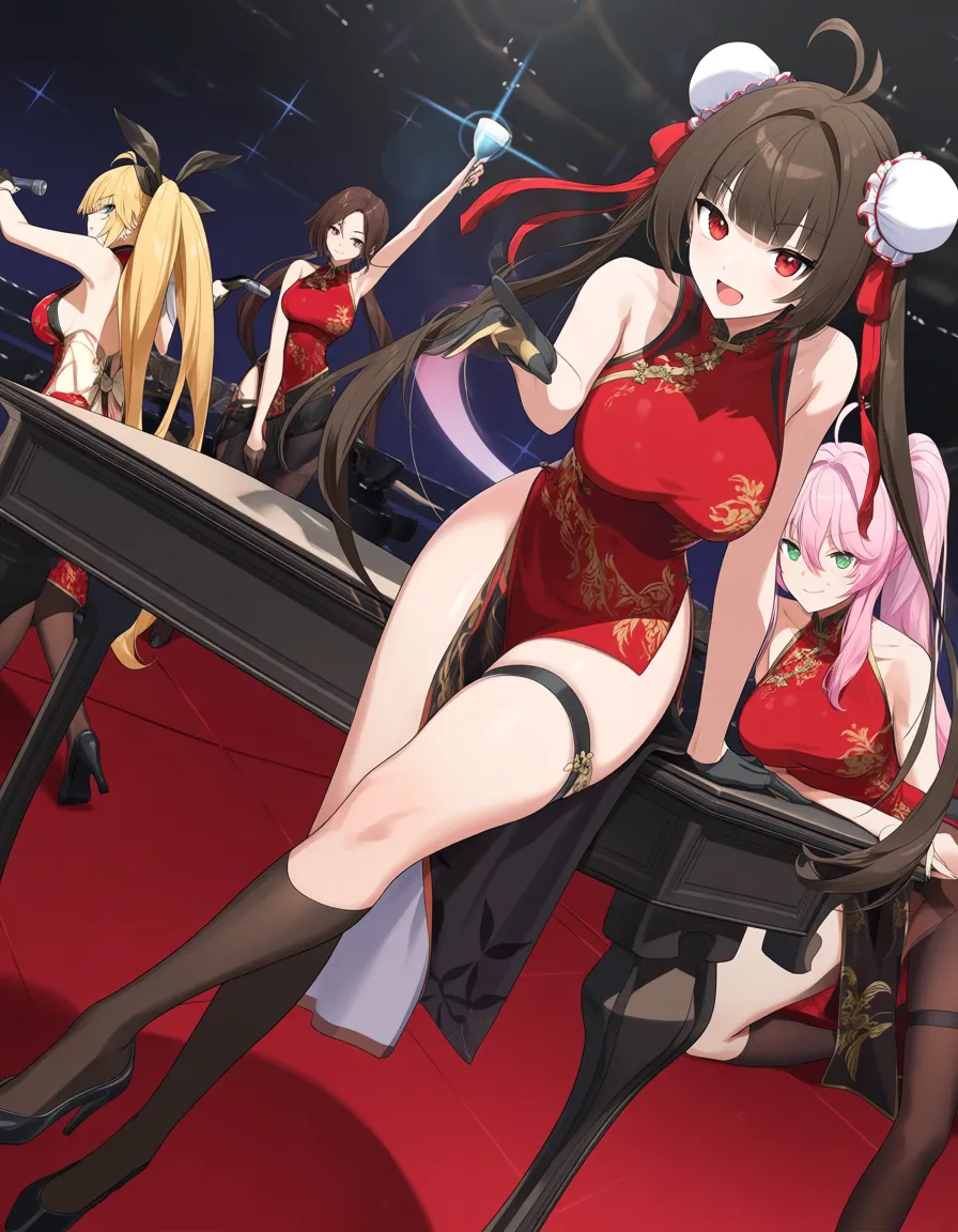 absurdres, highres, 4girls, doggy style, thigh strap, double bun, table, soft cel shading, hentai_studio_quality