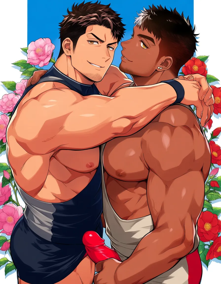 masterpiece, fine detail, 2boys, athletic build, flower, futanari, leaf, confident gaze, soft cel shading, hentai_studio_quality