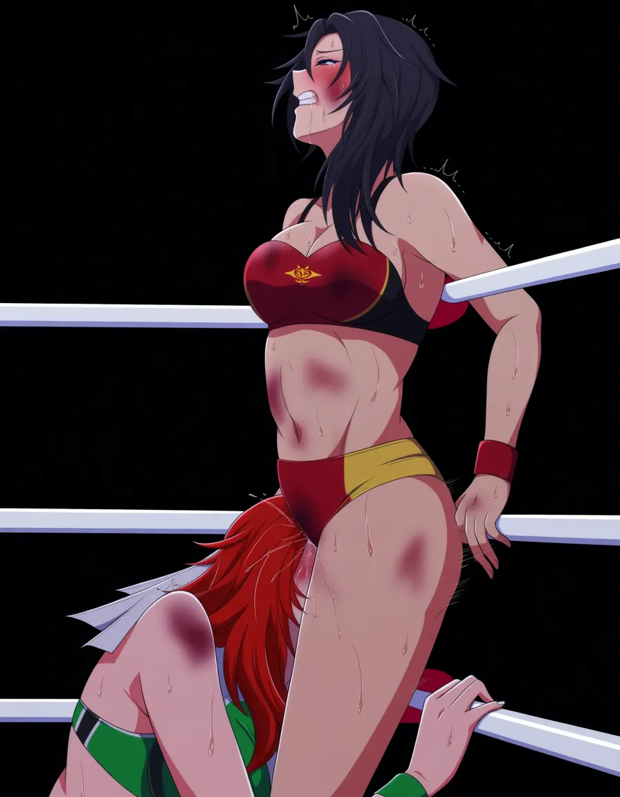 Cinder_fall_(rwby) , @mori_calliope , 2girls yuri sex , wrestling_ring, wrestling orgasm pussy_juice, defeated, squirting , bruised, sweat, scissoring oral cunnilingus from_side, hentai_studio_quality, hentai_studio_quality, hentai_studio_quality, hentai_studio_quality