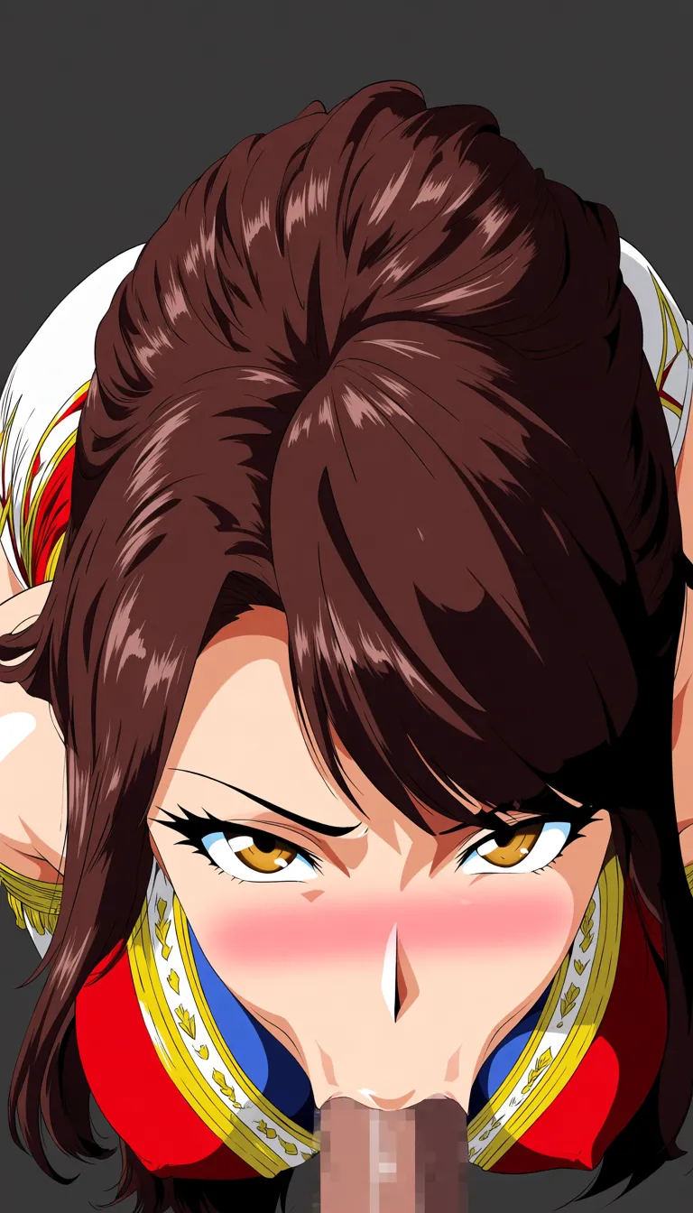 masterpiece, clean art, brunette woman, fellatio, submissive blush, comic style, (anime style:1.3), 2d, anime screencap, cel shading, flat color, @00osamio00