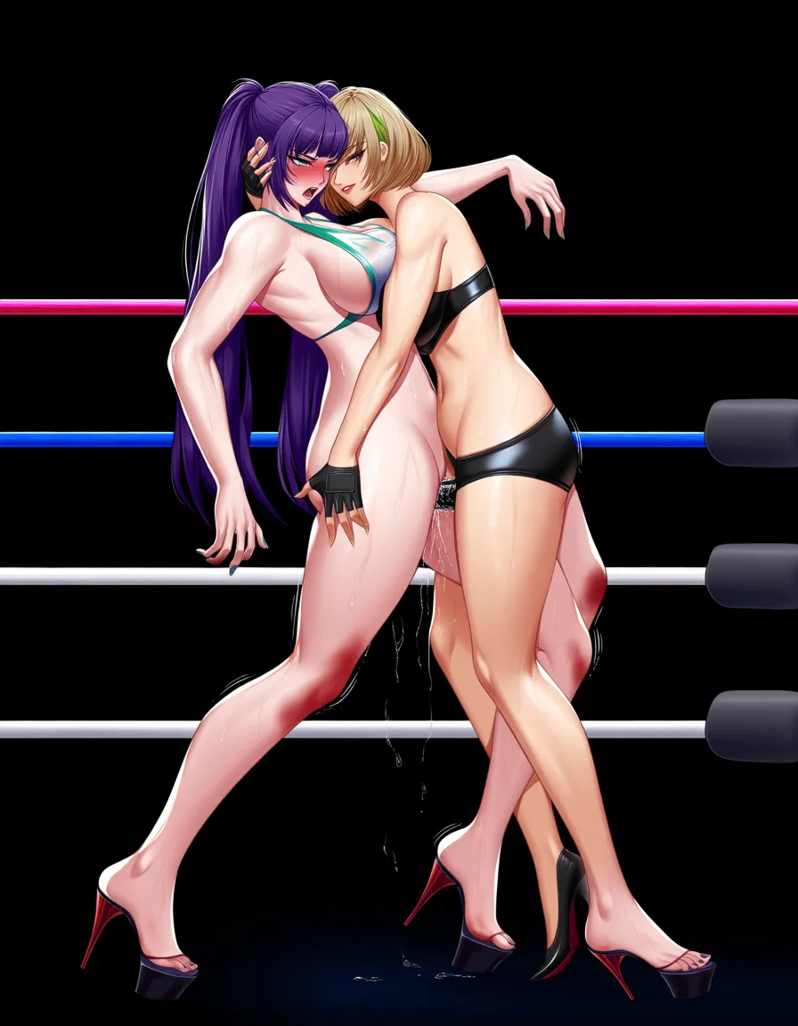 @yang_xiao_long , @bayonetta , 2girls yuri sex , wrestling_ring, wrestling orgasm pussy_juice, defeated, squirting bruised , vaginal_object_insertion strap-on,,, hentai_studio_quality