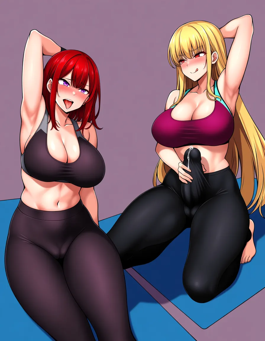 detailed shading, 2futanari, large_breasts, huge_ass, blonde_hair, red_eyes, red_hair, purple_eyes, tongue, yoga pants, erection_under_clothes, cameltoe, masturbation, precum, yoga mat. There are two futanari having a masturbatioin competition across the yoga mat from each other., hentai_studio_quality
