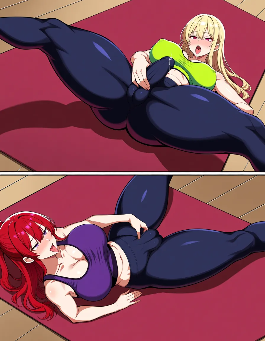 detailed shading, 2futanari, large_breasts, huge_ass, blonde_hair, red_eyes, red_hair, purple_eyes, tongue, yoga pants, erection_under_clothes, cameltoe, masturbation, precum, yoga mat. There are two futanari having a masturbation competition across the yoga mat from each other, both are stroking their cocks, hentai_studio_quality