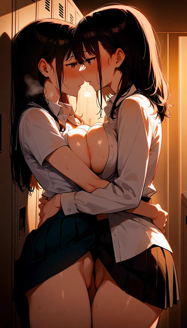 1girl, 1girl, two anime girls in locker room, one girl pressing tightly against the other from behind, intimate embrace, hands around waist, faces close, soft blush, parted lips, school uniform partially undone, white shirt open, skirt lifted slightly, sweaty skin, steam in air, lockers in background, dim warm lighting, detailed faces, detailed hair, hentai, uncensored, high detail, masterpiece
