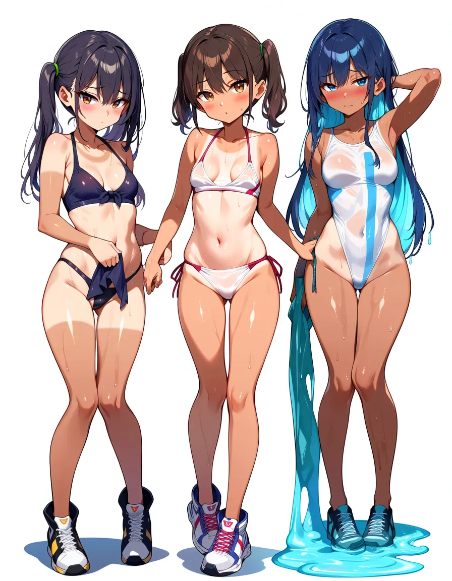 masterpiece, clean art, 3girls, shoes, absurdres, highres,nervous shy expression, tanned skin, tan lines,, hentai_studio_quality,slim,small breasts ,holding wet_clothes ,holding weapon ,she looking_at_viewer ,she wet ., hentai_studio_quality