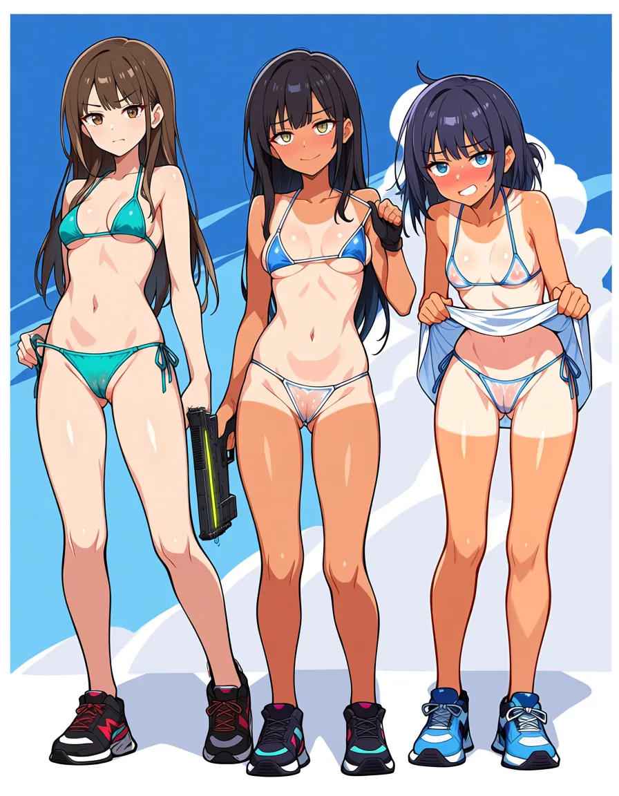 panties, masterpiece, clean art, 3girls, shoes, absurdres, highres,nervous shy expression, tanned skin, tan lines,, hentai_studio_quality,slim,small breasts ,holding wet_clothes ,holding weapon ,she looking_at_viewer ,she wet ., hentai_studio_quality,Her bikini is so transparent that her pussy and tits are visible., hentai_studio_quality
