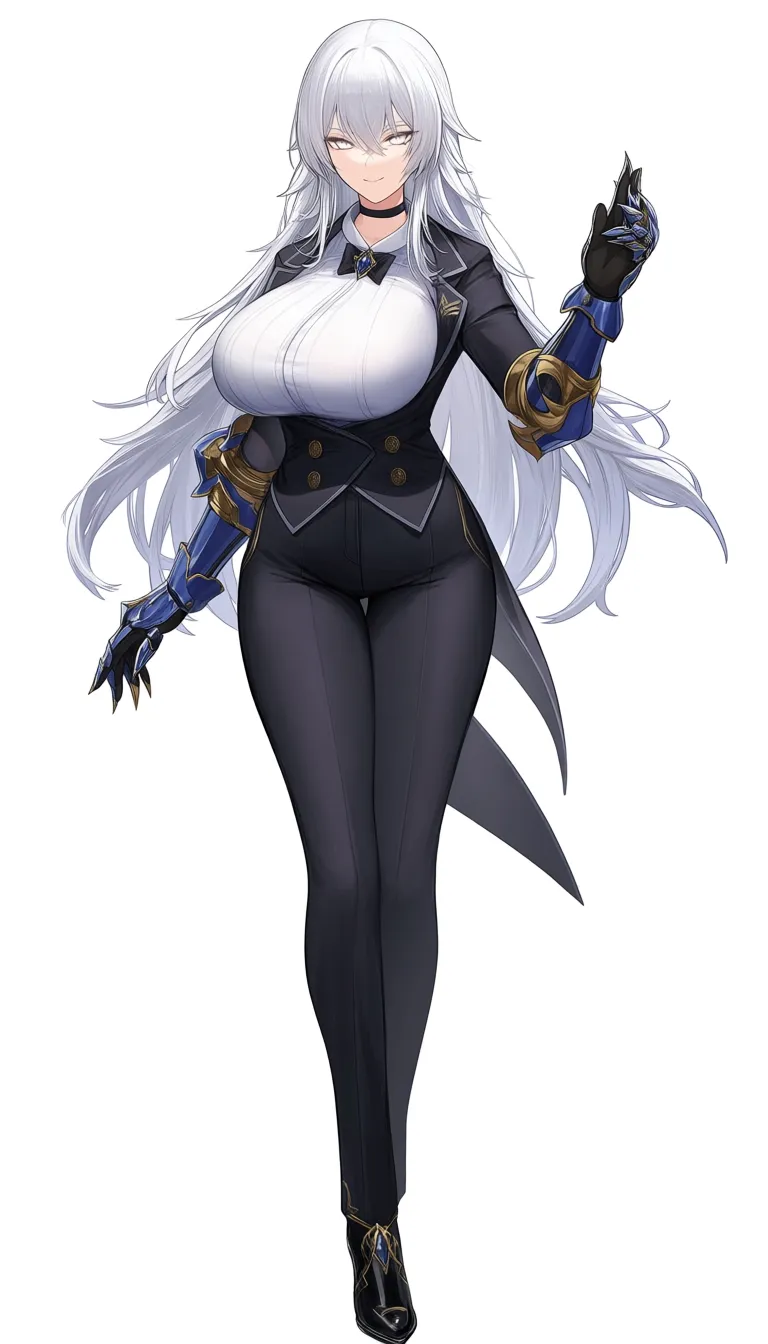 masterpiece, clean art, cheerleader , long hair, white hair, pants , from_side , big breasts , choker , black_gloves , black_choker , white eyes, ghot girl, full_body, light_smile, pretty body, loose hair, from front, artistic, hentai_studio_quality, white blouse, black pants, tuxedo, gauntlets, hentai_studio_quality