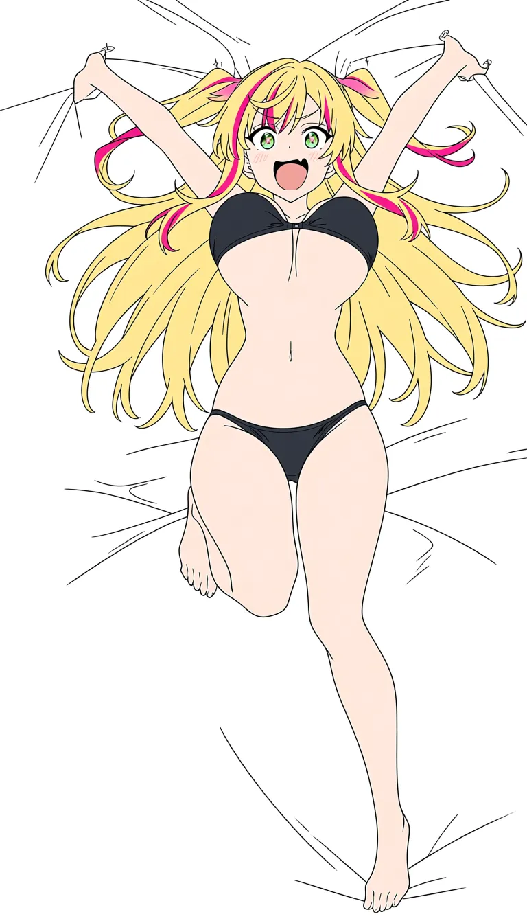 anime girl with long blond hair with streaks of pink, big boobs, black bra, wide hips, bouncing up and down on bed in excitement