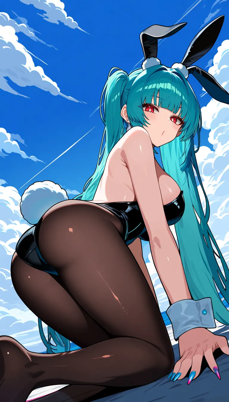 absurdres, highres, bunny girl, on all fours, nail polish, aqua hair, cloudy sky, manga panel look, hentai_studio_quality