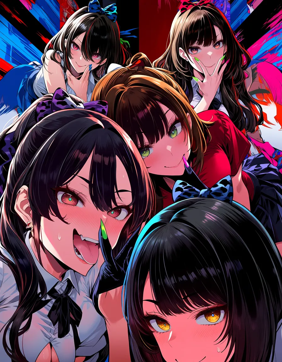 ultra detailed, 6+girls, bow, doggy style, medium shot, eroge aesthetic, hentai_studio_quality