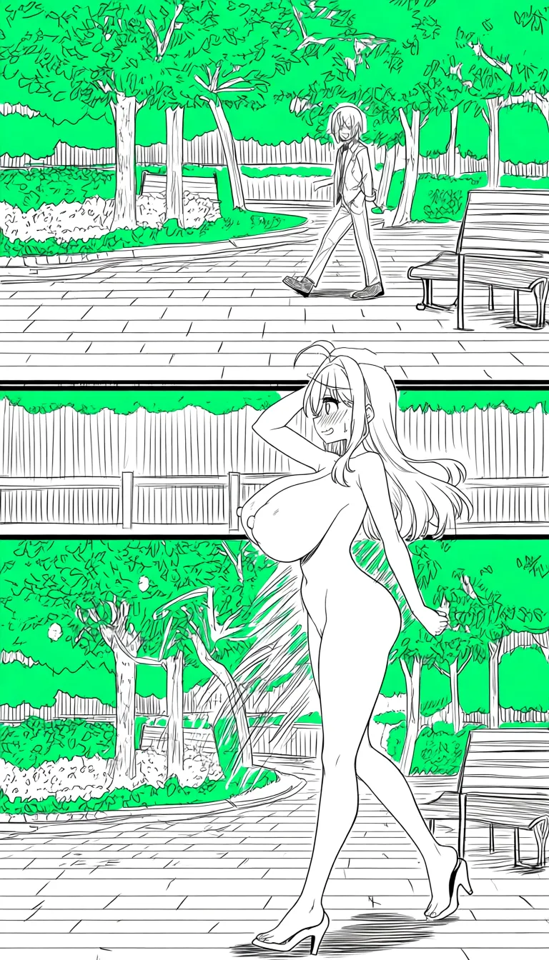 she walks naked in a park with boyfriend with big cock, blowjob