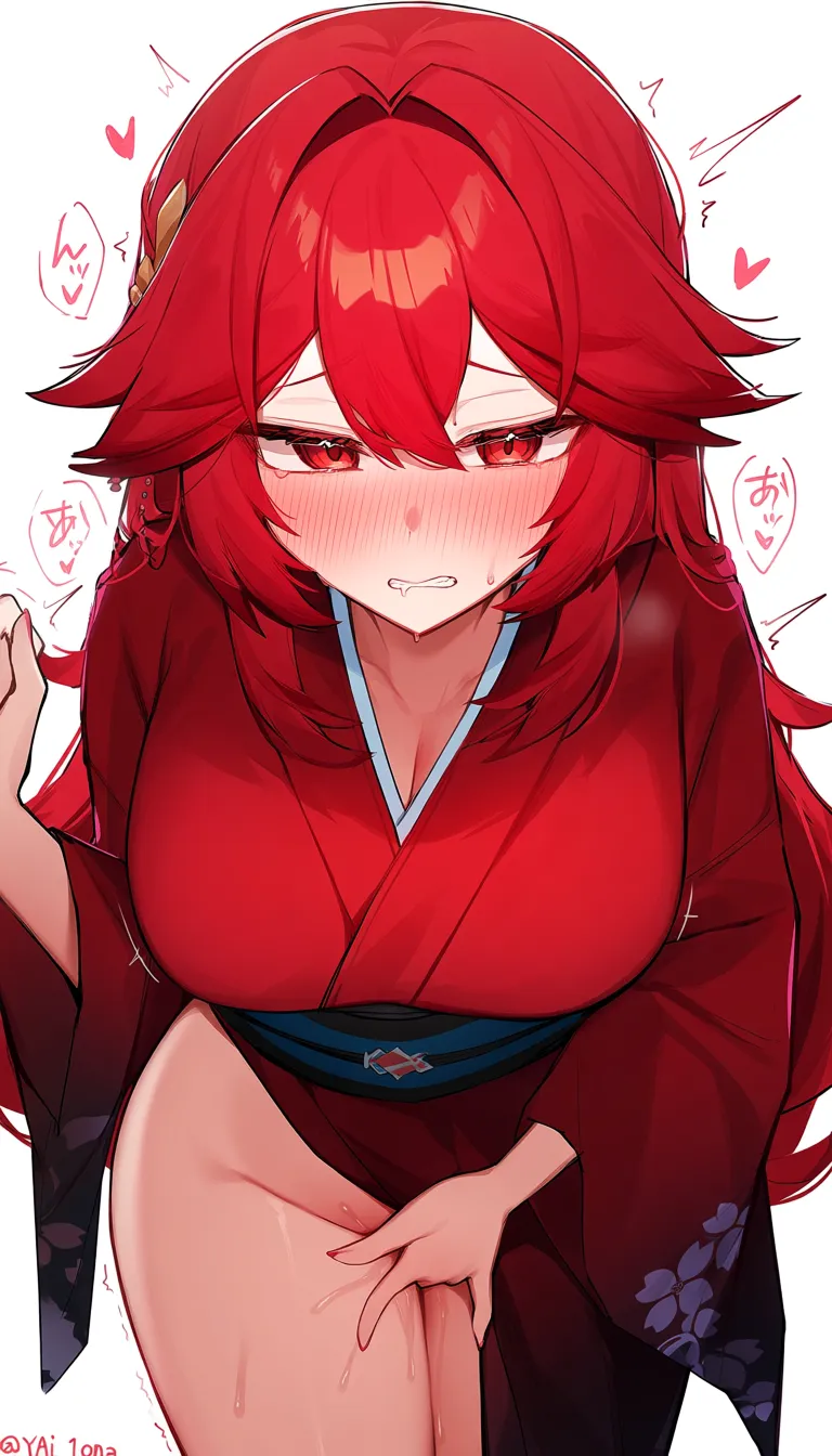 red_hair, fingering, interlocked_fingers, red_kimono, @Yona