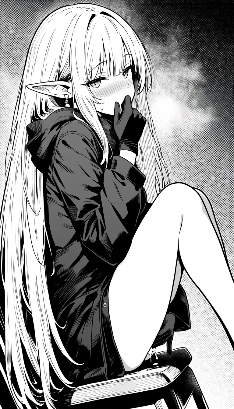 masterpiece, fine detail, elf girl, legs, black gloves, masturbation, manga panel look