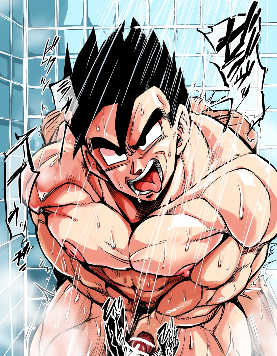 Son Gohan, @Erasa (Dragon ball), nude, grabbing_from_behind, ahegao, on_side, ejaculation, shower, hentai_studio_quality