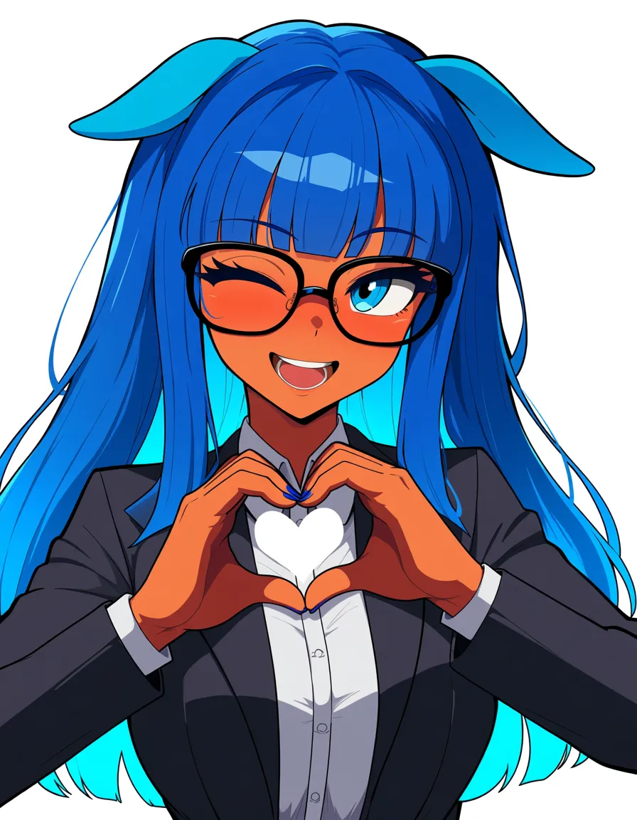 pony girl, blue long hair ,  glasses, futanari, horse penis,  heart hands on the penis, winks,,, hentai_studio_quality