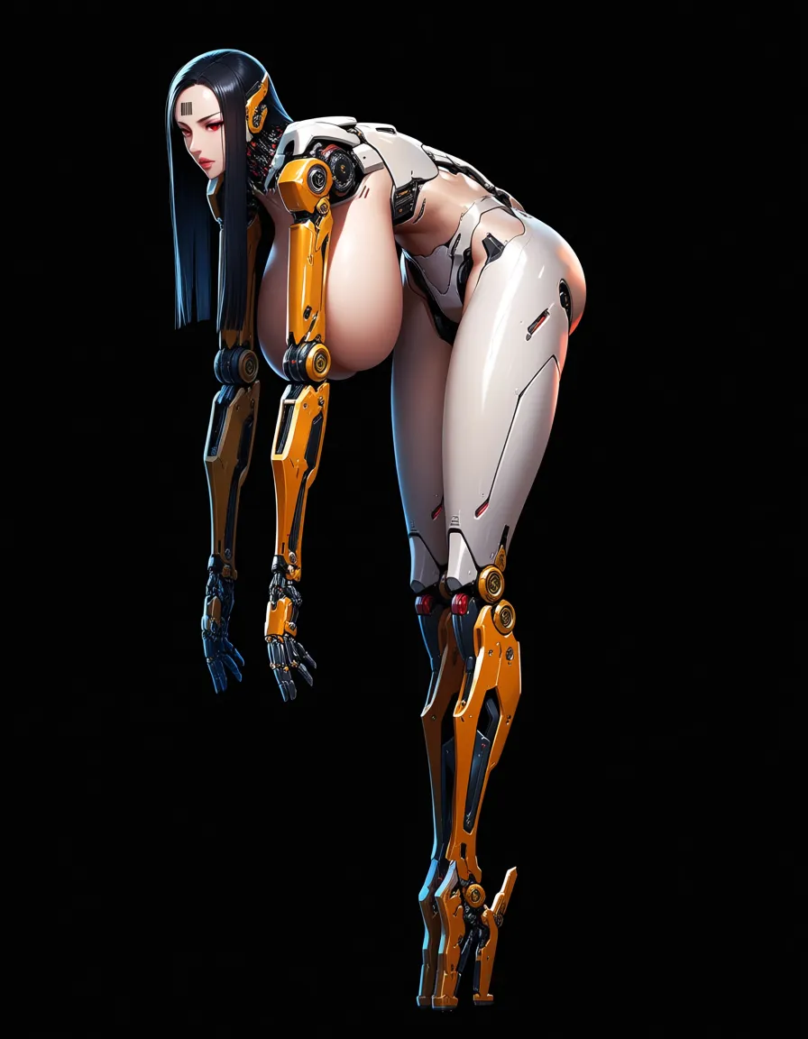 mechanical arms and legs robotic nude woman (long black fringe hair, makeup, big lips, red eyes, connected collar, barcode tattoo on her forehead, gigantic huge breasts, thick_thighs, standing up, stretched out arms downward, expressionless, looking_afar), first person view, face to face. BREAK : in a office room, realistic., hentai_studio_quality
