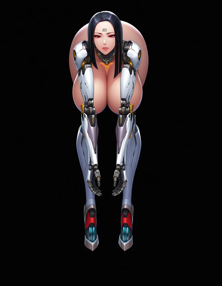 mechanical arms and legs robotic nude woman (long black fringe hair, makeup, big lips, red eyes, connected collar, barcode tattoo on her forehead, gigantic huge breasts, thick_thighs, standing up, stretched out arms at sides downward, expressionless, looking_afar), first person view, face to face. BREAK : in a office room, realistic., hentai_studio_quality