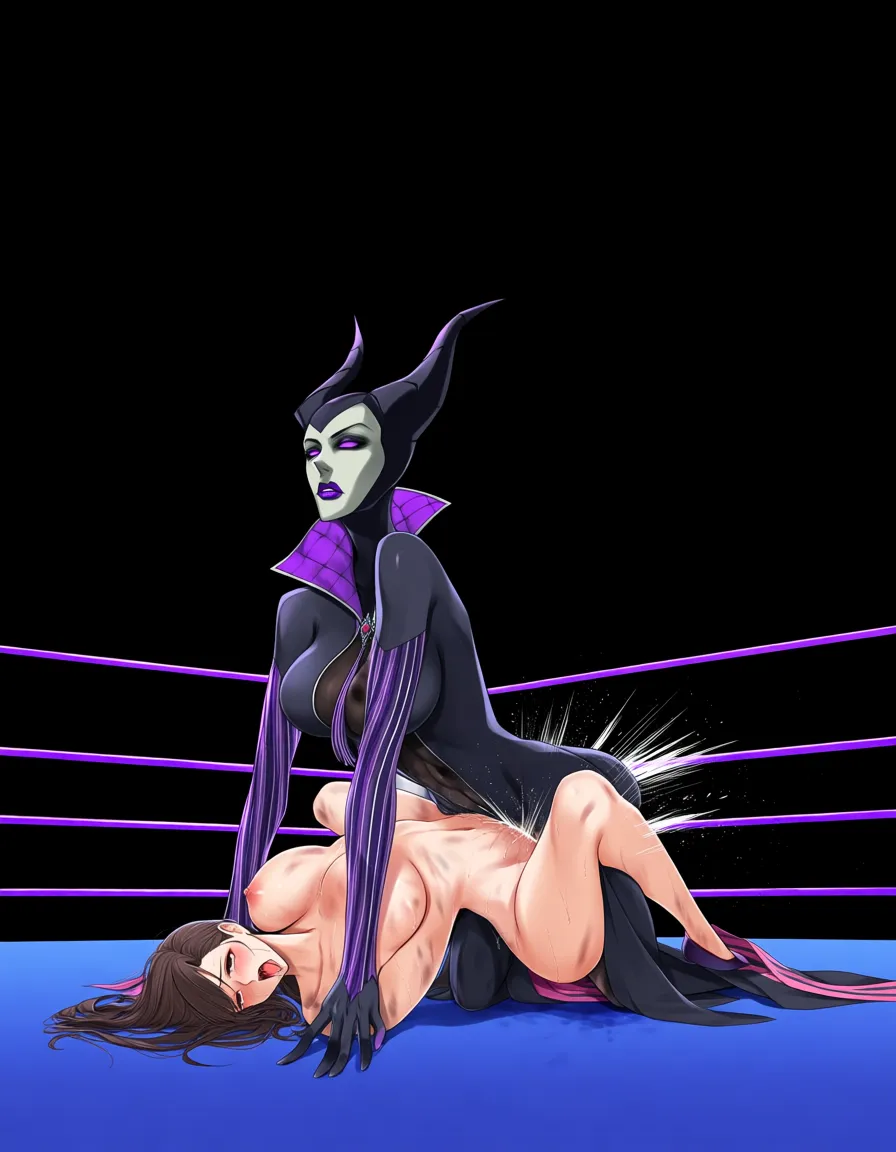 2girls, @elsa_(frozen) , maleficent , wrestling ,wrestling_ring, catfight , sex , strapon , bruised, yuri , ahegao , orgasm, nude, squirting, double_penetration, hentai_studio_quality