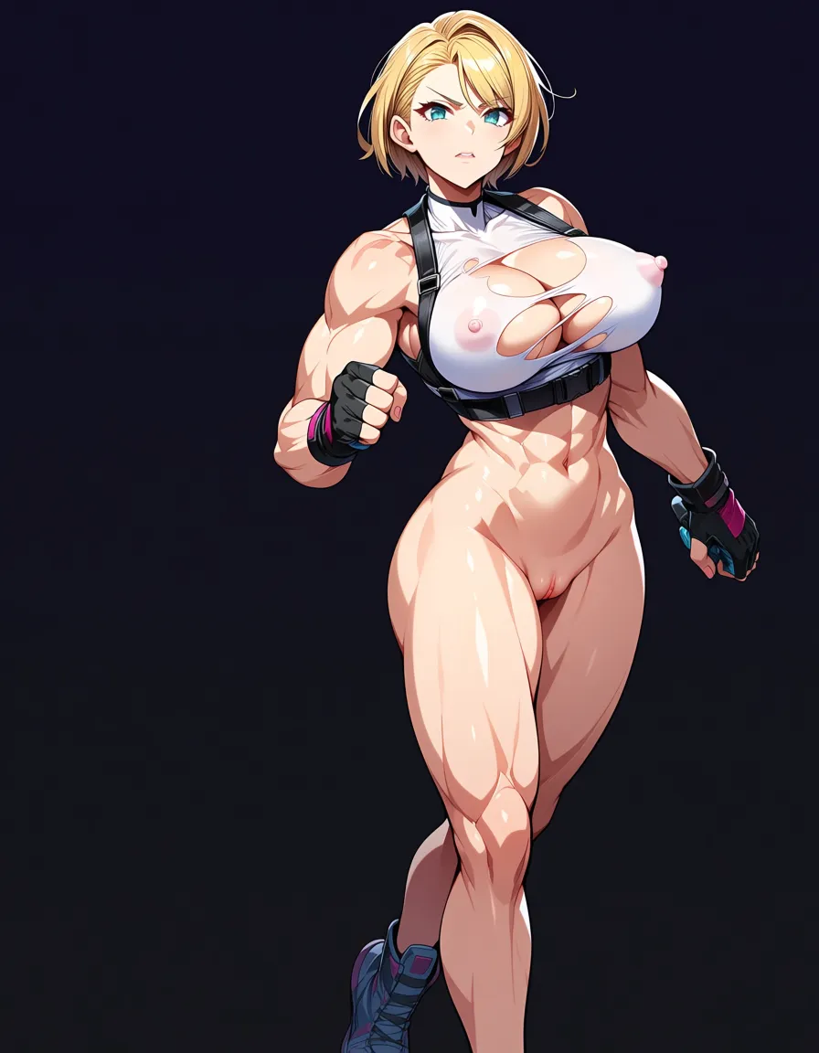 masterpiece, explicit, muscular_female, large_breasts, public_indecency, short_hair, blonde_hair, walking, from_side torn_clothes, nipple_slip, pussy confident gaze, hentai style, hentai_studio_quality