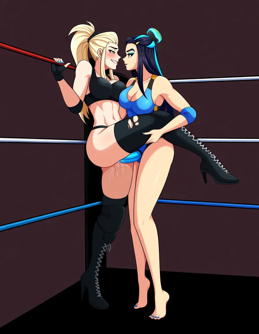 @nessa_(pokemon) , brigitte_(overwatch), 2girls yuri sex , wrestling_ring, wrestling orgasm pussy_juice, defeated, squirting , strap-on vaginal_object_insertion, legs_around_other, lifting_another , eye_contact, vibrator, hentai_studio_quality