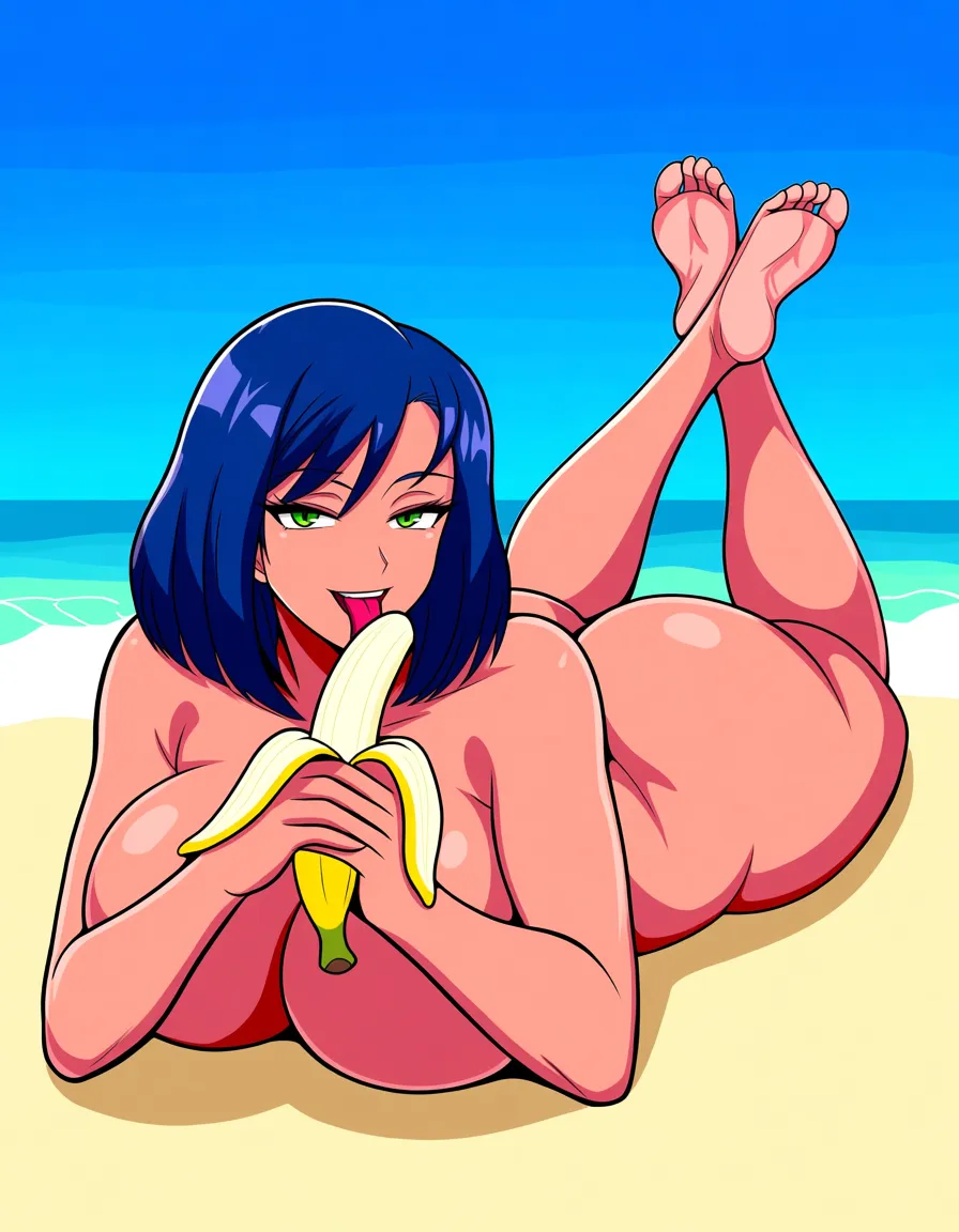 Voluptous curvy demon_girl mature_female lying_on_stomach feet crossed up, sultry smile. large_breasts thick_thighs nude , beach , blue_hair seductevely licking a banana, hentai_studio_quality, hentai_studio_quality