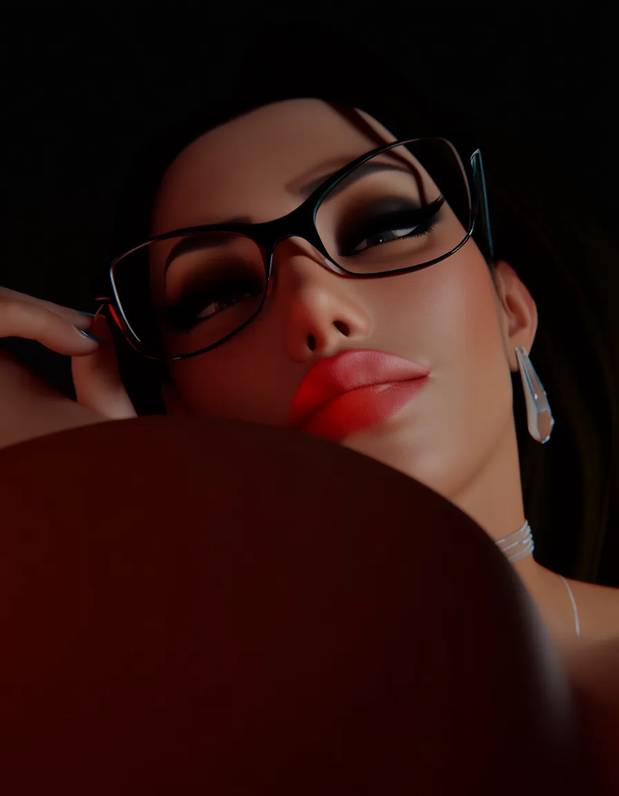 masterpiece, best quality, pov_kiss 1girl makeup lipstick and glasses kissing_viewer #sloppy, buchukisu french_kiss,, score_9, score_8, 3d render, octane render, subsurface scattering, ray tracing, smooth shading