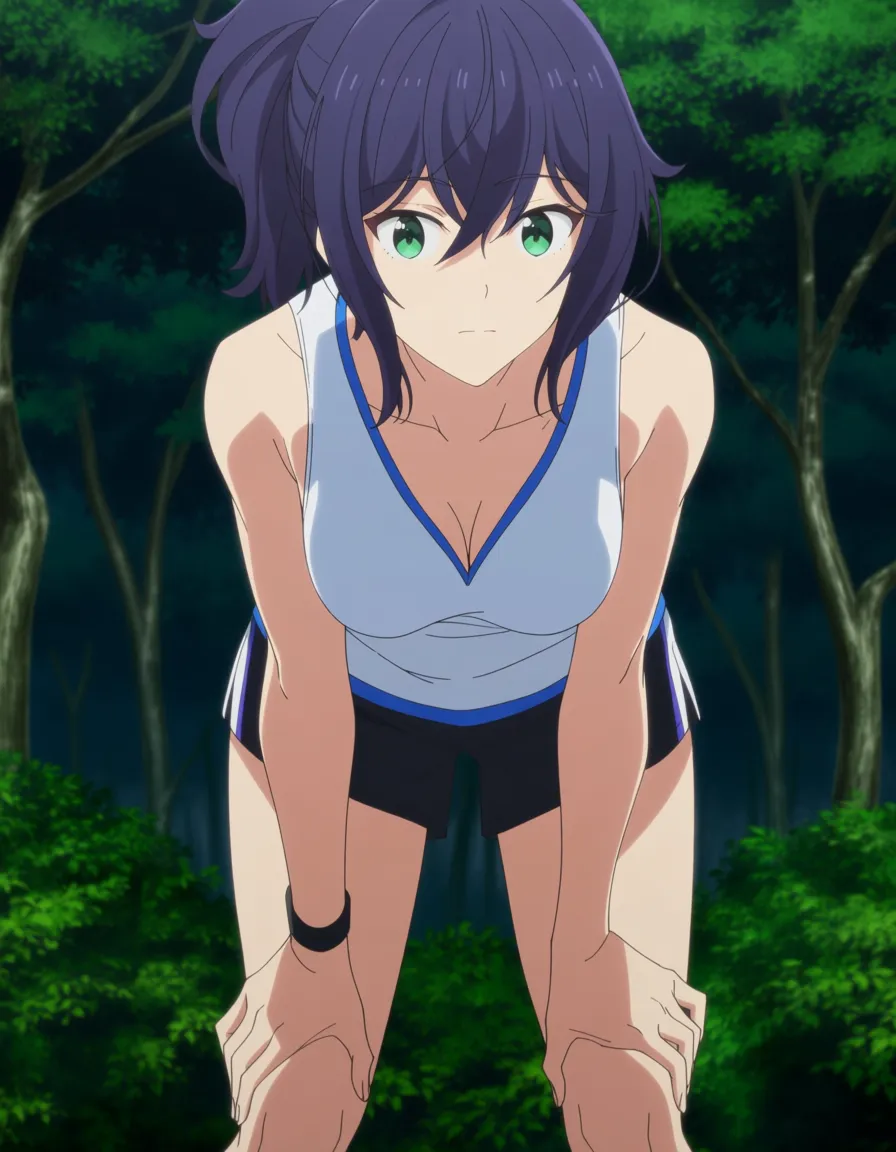 absurdres, highres, fitness model, collarbone, shorts, bent over, tree, detailed shading, otoko_no_ko, girl_on_top, (anime style:1.3), 2d, anime screencap, cel shading, flat color