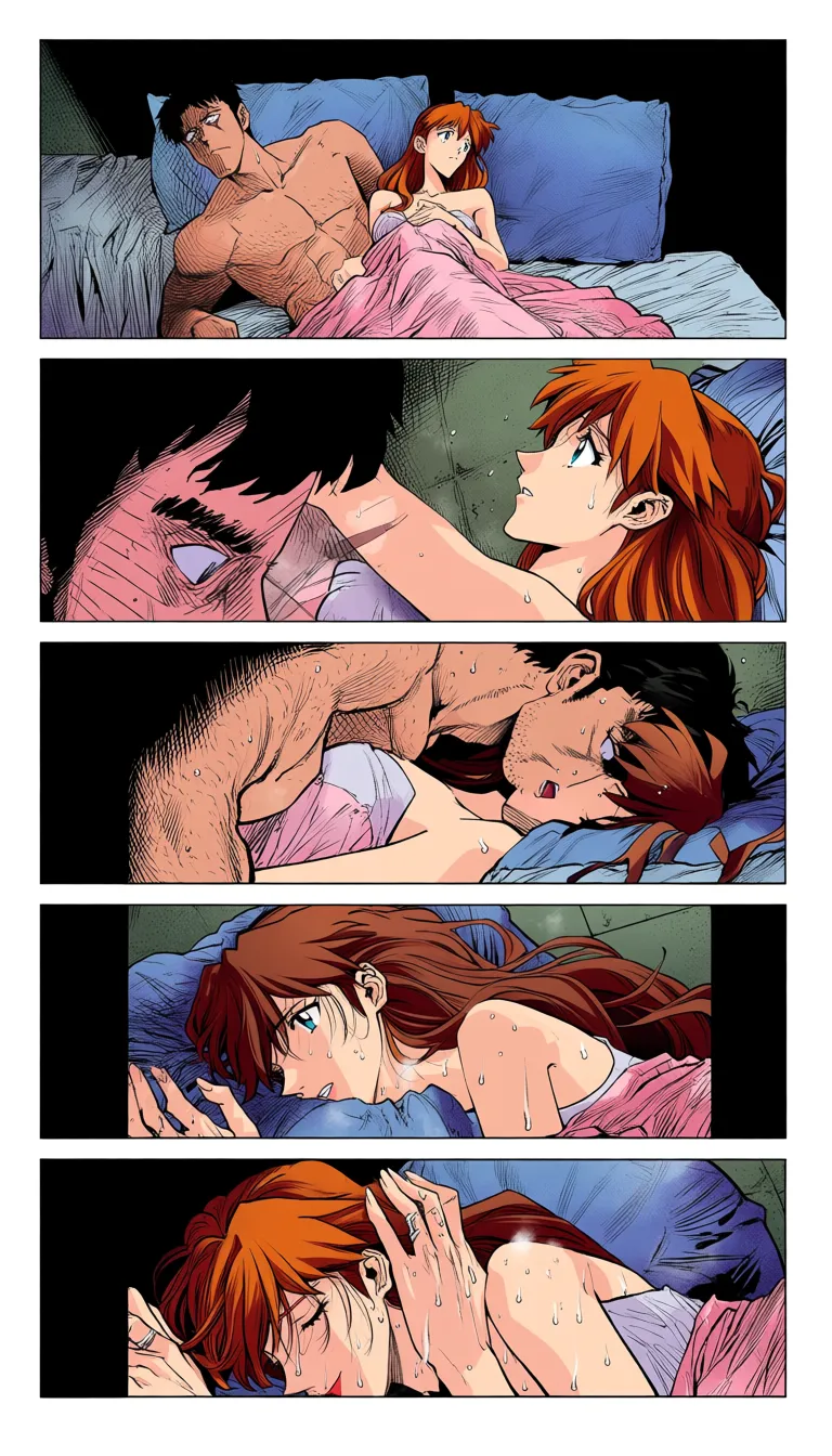 Masterpiece, amazing quality, highly detailed, intricate details, Neon Genesis Evangelion, manga style, 5 panels, full color, man and woman lying in bed, sweaty skin, in the bedroom, hentai_studio_quality