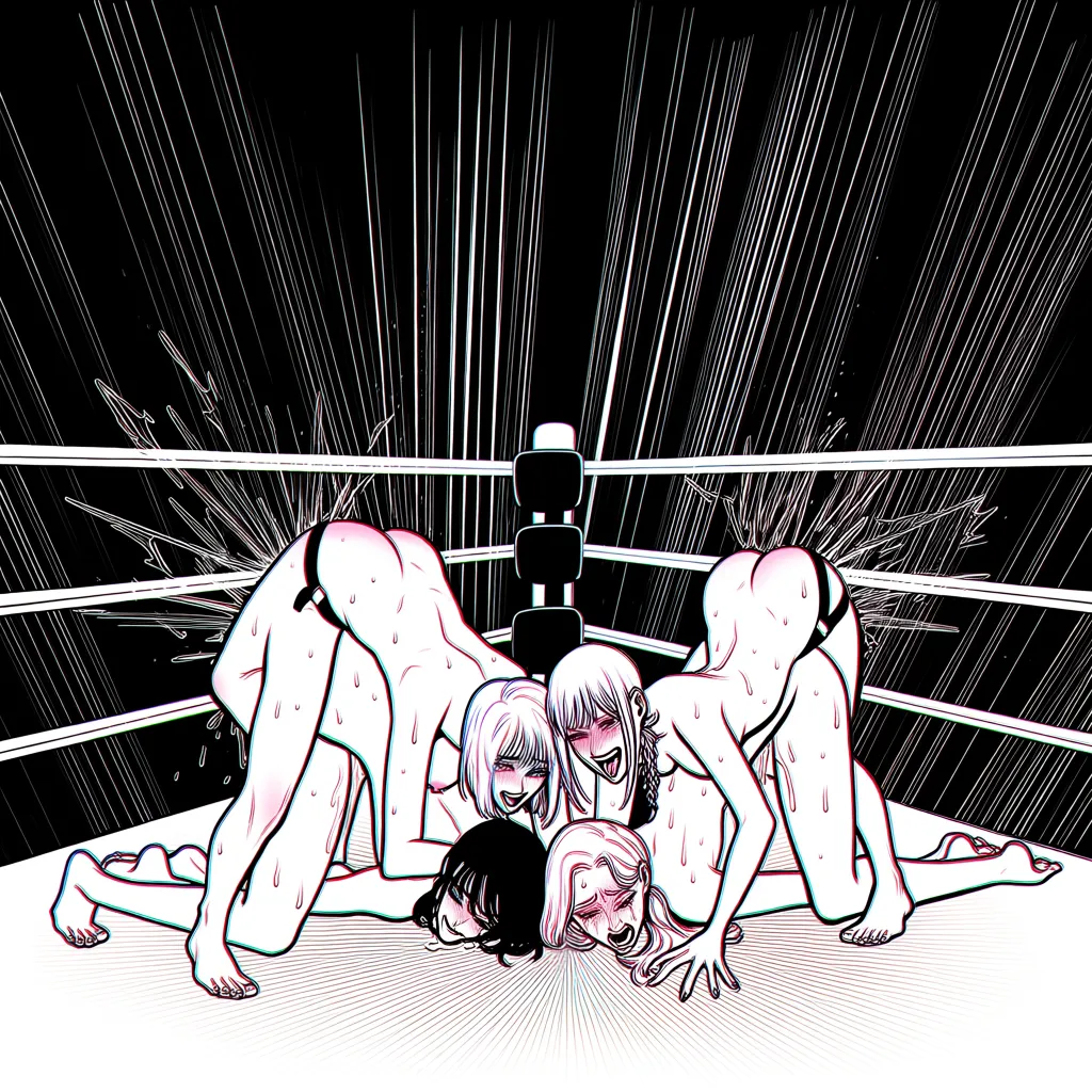 wide_shot of 4girls with Best_quality and highly_detailed, from_side , naughty_face @bayonetta fucking a crying @sailor_venus doggystyle, @makima_(chainsaw_man) all_fours fucking with a crying @palutena , yuri sex ,wrestling_ring wrestling defeated, pussy_juice squirting orgasm , sweat strap-on, scratches nude, hentai_studio_quality, hentai_studio_quality
