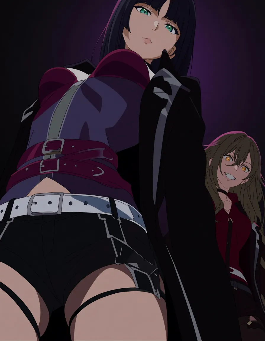 best quality, hyperrealistic, 2girls, thigh strap, belt, presenting, low angle, film photography, gothic, (anime style:1.3), 2d, anime screencap, cel shading, flat color
