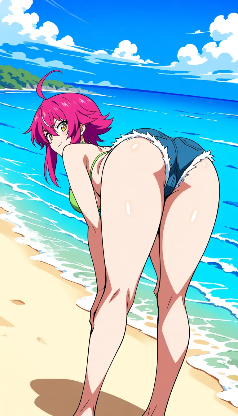 erza_scarlet, plump, huge_ass, looking_back, beach, bent_over, denim_shorts