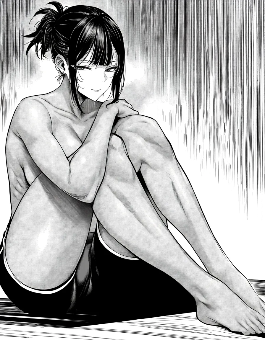 absurdres, highres, fitness model, short sleeves, topless, relaxed mood, manga panel look, hentai_studio_quality