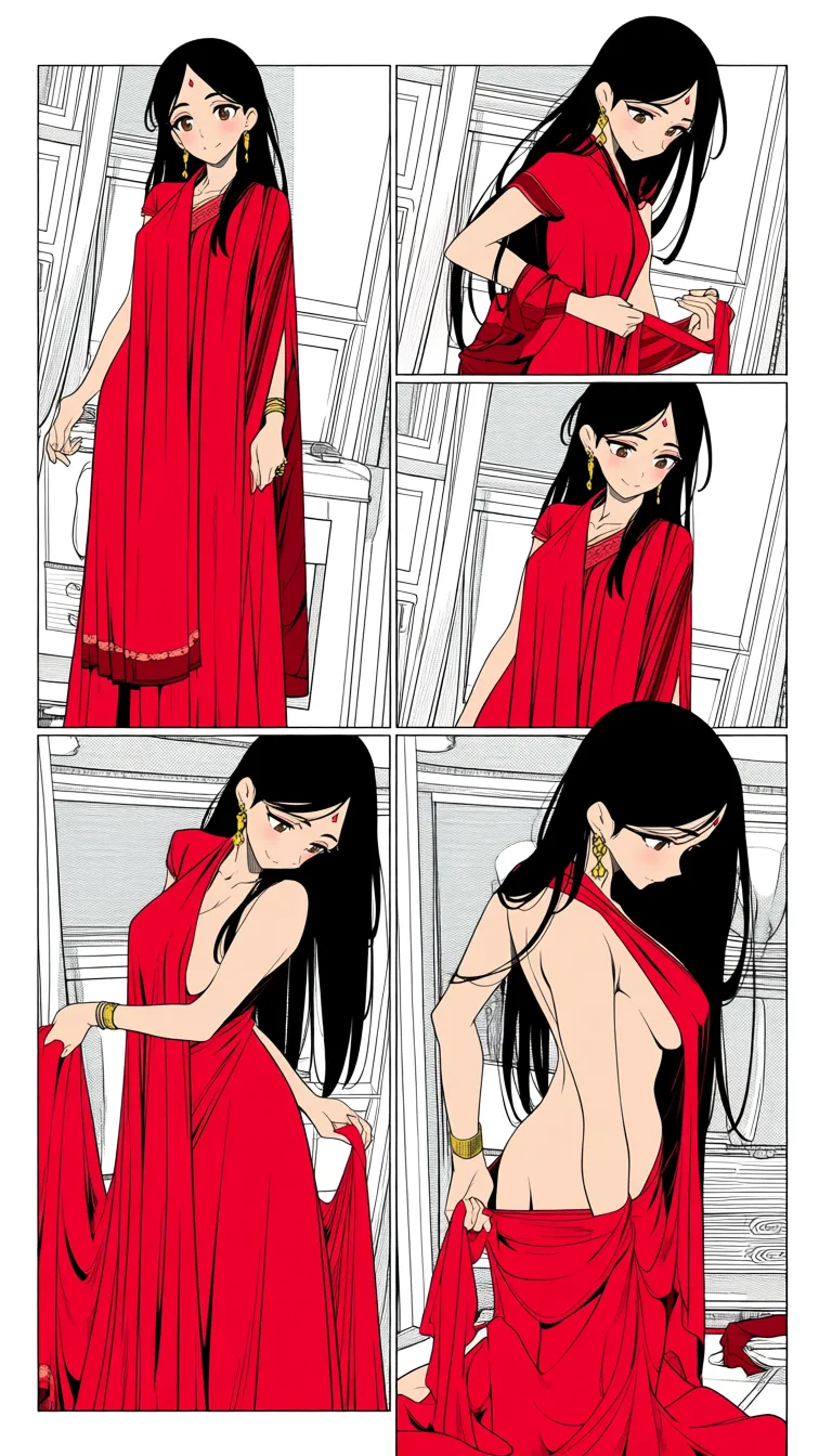 manga page, multiple panels, inked black and white lines, screentone, 
traditional Indian girl, long black hair, brown eyes, bindi, gold jewelry, 
Panel 1: standing in bedroom wearing full red saree and blouse, shy smile  
Panel 2: carefully unwrapping the saree, fabric sliding off her shoulder  
Panel 3: saree half removed, blouse still on, looking down  
Panel 4: removing blouse, bare upper body, saree pooled at her feet  
clean lines, dynamic composition, consistent character design, detailed clothing folds, (anime style:1.3), 2d, anime screencap, cel shading, flat color