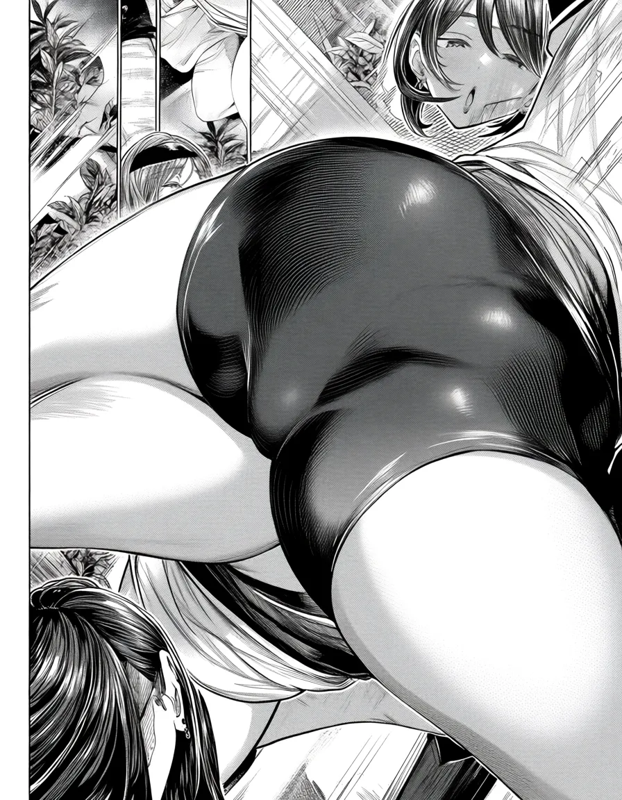 masterpiece, best quality, 5girls, 69 position, ass visible through thighs, swept bangs, plant, manga panel look, hentai_studio_quality