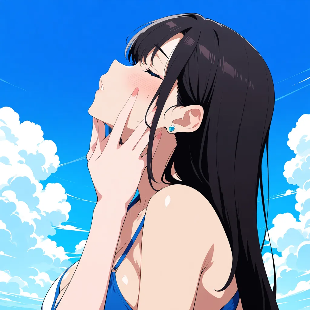 masterpiece, clean art, 2girls, shiny skin, earrings, deepthroat, cloud, tender moment, visual novel art