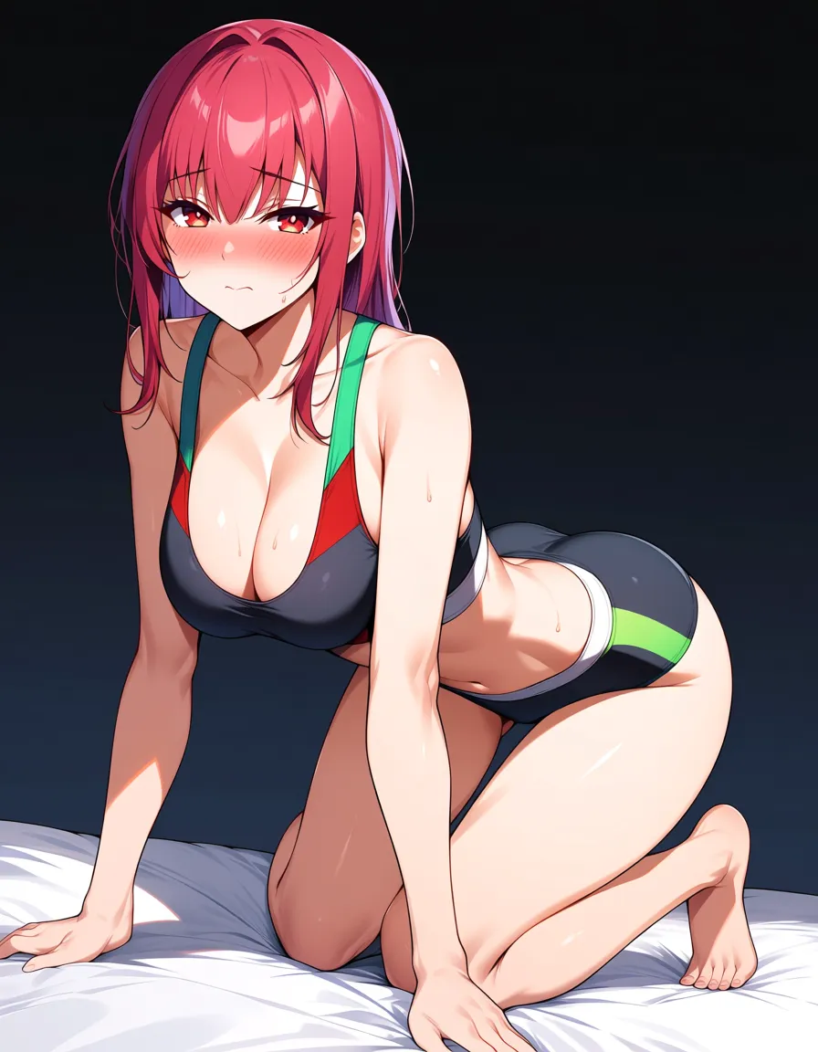 highres, vivid, fitness model, alternate costume, kneeling on bed, submissive blush, three-quarter view, detailed shading, hentai_studio_quality