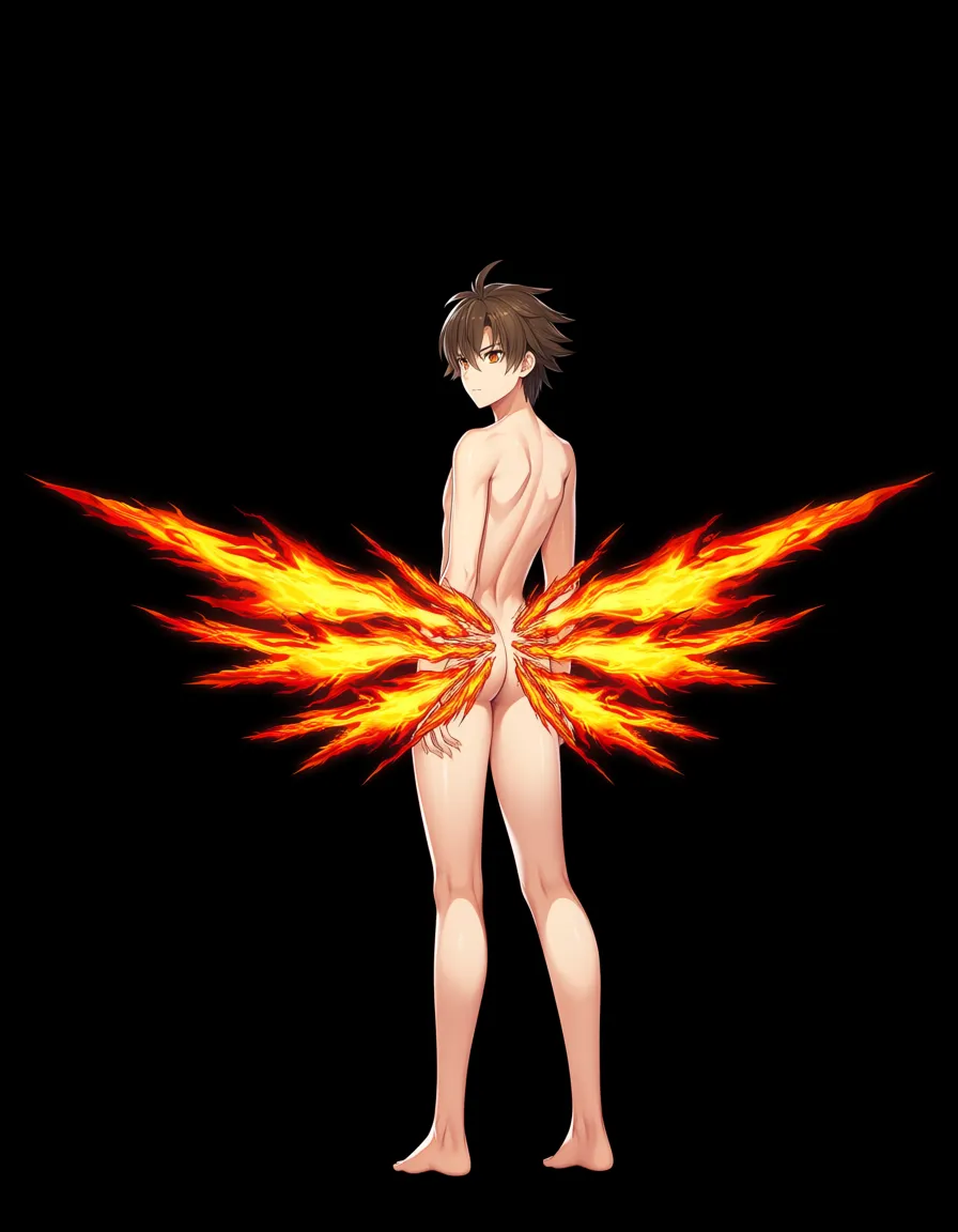 a young man with brown hair and orange eyes, wearing little clothing, with a series of six fiery thrusters on his lower back arranged to form the shape of wings, hentai_studio_quality