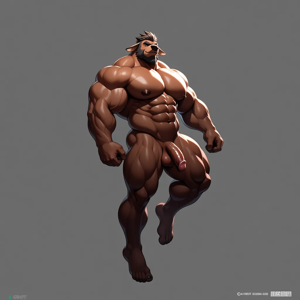 Nude buff male anthro moose, big and huge muscles, dark brown body, dark brown nipples, navel, penis, humanoid feet, 5 toes, gray simple background, floating, levitating