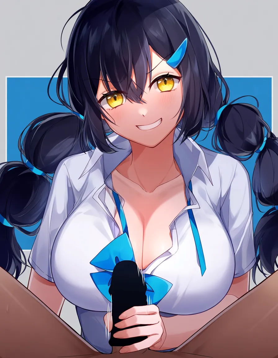 #akairiot_artstyle, @candice_(pokemon), pokemon, 1girl, black_hair, multi-tied_hair, twintails, yellow_eyes, blue_hairclip, collared_shirt, white_shirt, blue_bowtie, untied_ribbon, cleavage, partially_unbuttoned, large_breasts, full-face_blush, smile, upper_body, handjob, erection, pov, hentai_studio_quality