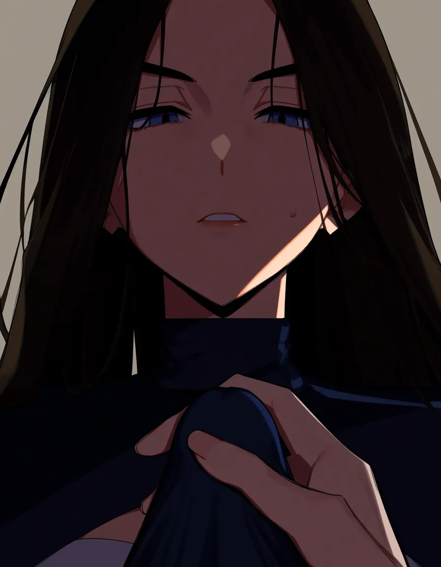 #akairiot_artstyle, @monika_(doki_doki_literature_club), 1girl, full-face_blush, hair_down, white_turtleneck_sweater, erection, handjob, facing_viewer, looking_at_viewer, pov, upper_body, hentai_studio_quality