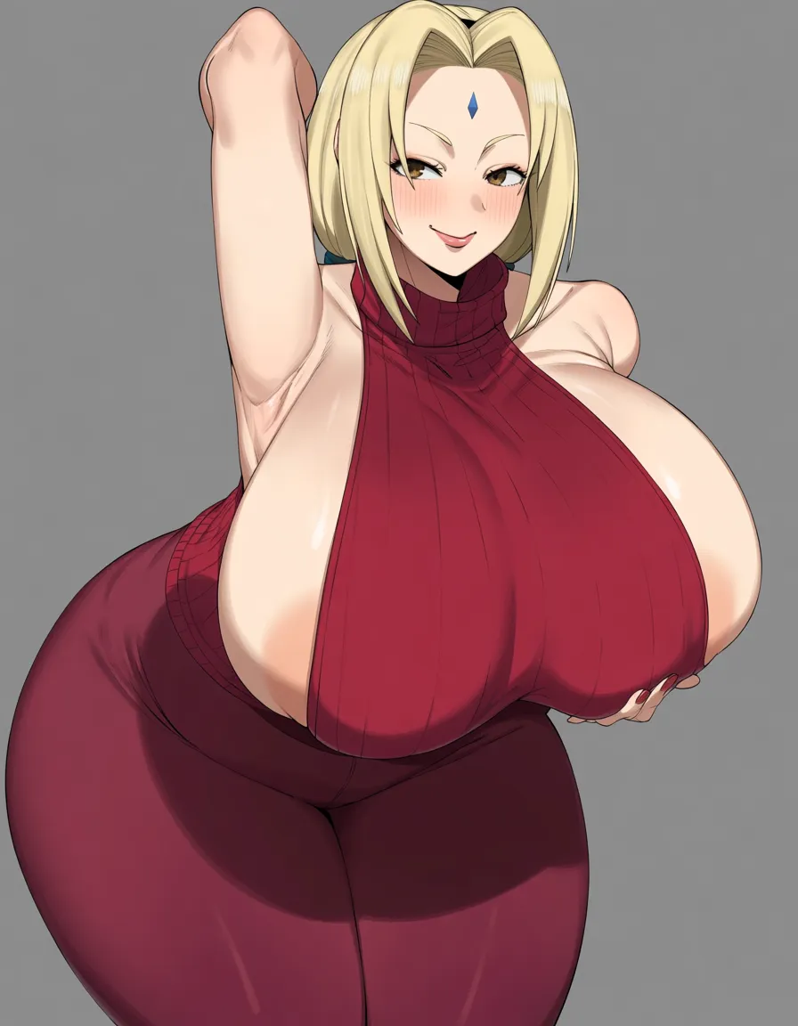 masterpiece, detailed face, Tsunade, huge_breasts, wide_hips, thick_thighs, curvy, bodycon, turtleneck, sideboob, no_bra, no_panties, big nipples, bent_over, seductive_smile, hand_on_own_chest, blush, artist(bobtheneet), hentai_studio_quality
