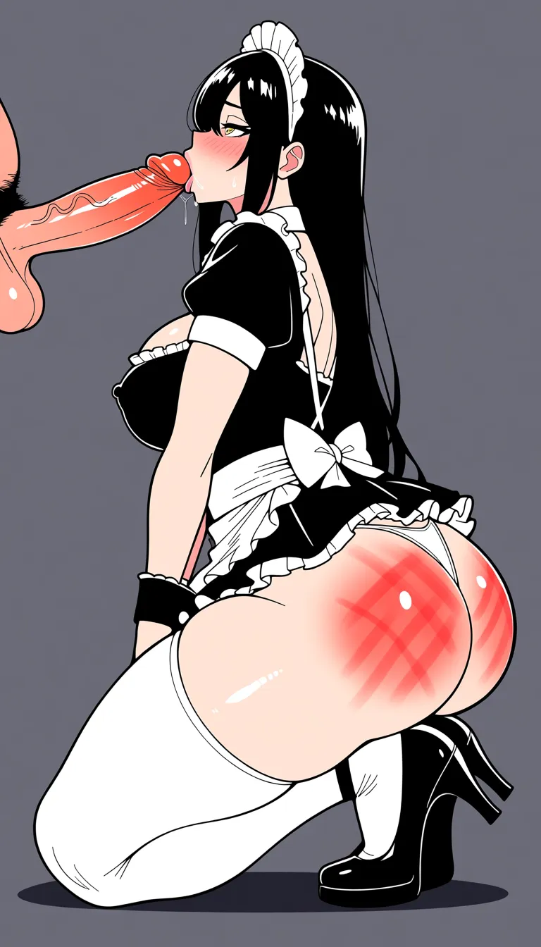 Pussy juice, spank marks, fat ass, thick thighs, short skirt, thong, high heels, fellatio , big penis, big ass, side view, covered_nipples, maid outfit, kneeling