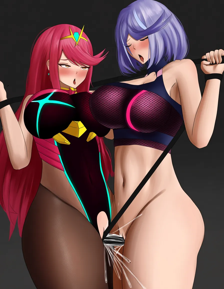 2girls yuri sex , @pyra_(xenoblade) , @lusamine_(pokemon),wrestling_ring , strapon , pussy_juice , orgasm, cumming , grabbing_from_behind leg_lift vaginal_object_insertion, standing_sex, hentai_studio_quality, hentai_studio_quality, hentai_studio_quality
