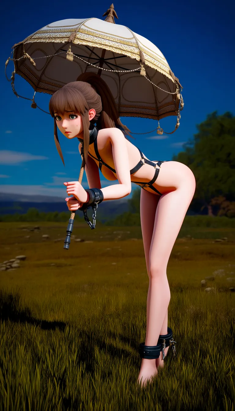 cutesexyrobutts, hyperrealistic, highly detailed, full_body, (wide hips:1.2), petite, skinny, super cute, medieval peasant, ponytail, naked, (very dense rope bondage body harness:1.2), steel slave_collar, bound_wrists, bound_arms, bound_legs, bound_ankles, ankle_shackles, holding parasol, close-up, leaning_forward, worried, (skindentation:1.2), lifelike render, outdoors, sunny sky, distant fields,, hentai_studio_quality