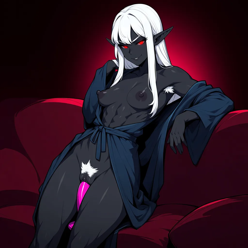 8k, sharp focus, black grey_skin, dark elf, black skin, white pubic hair, white armpit hair, athletic, elegant robes, loose robes, long sleeve, muscle tone, indulgent expression, red eyes, red glowing eyes, shining eyes, small breasts, puffy nipples, pointy tits, seductive, saggy breasts, big nipples, white hair, riding dildo, vaginal insertion, she relaxes, she lowers her hips