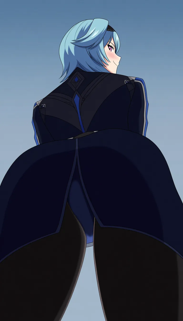 /masterpiece_absurdres /ultra_detailed, Eula Lawrence, from behind, Cameltoe, from Below, petite ,Haughty smile, standing . No hentai_studio_quality., hentai_studio_quality